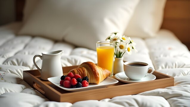 Delicious breakfast in bed with croissant coffee orange juice and flowers on wooden serving tray