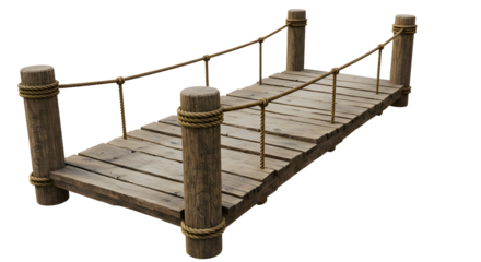 Rustic wooden bridge with rope railings, a charming walkway for peaceful escapes and scenic views