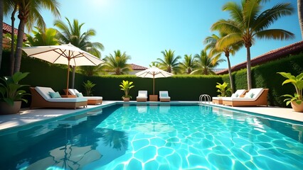 Fototapeta premium Luxury outdoor swimming pool with sun loungers umbrella tropical plants and relaxing summer vacation resort setting