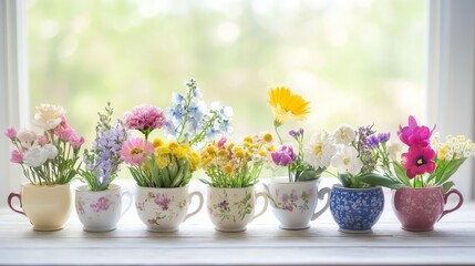 Colorful Arrangement of Flowers in Vintage Teacups by the Window