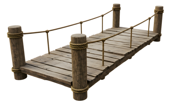 Rustic wooden bridge with rope railings, a charming walkway for peaceful escapes and scenic views