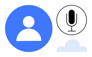 Blue profile circle with user silhouette, microphone symbol, and cloud graphic for online communication. Ideal for social media, networking, voice technology, user identity, apps, cloud storage