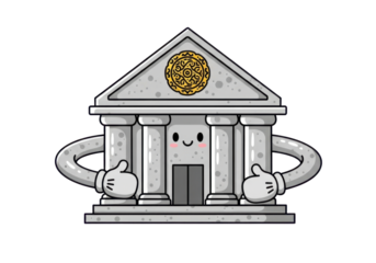 Whimsical Cartoon Temple Structure with Smiling Face and Hands in a Playful Pose