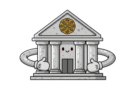 Whimsical Cartoon Temple Structure with Smiling Face and Hands in a Playful Pose