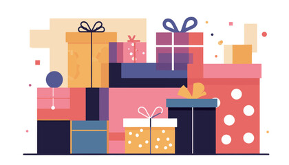 Brightly colored gift boxes are stacked together in an artistic arrangement, featuring various sizes and designs, perfect for a celebration.