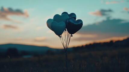 Colorful heart-shaped balloons against a sunset sky background