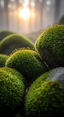 Emerald moss orbs glistening with morning dew in a tranquil forest