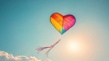 Colorful Heart-Shaped Kite Flying Against a Clear Sky at Sunset
