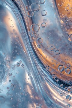 Abstract macro shot of liquid with bubbles and light reflections, showing fluid motion and organic textures in shades of blue and orange, perfect for modern design and background use