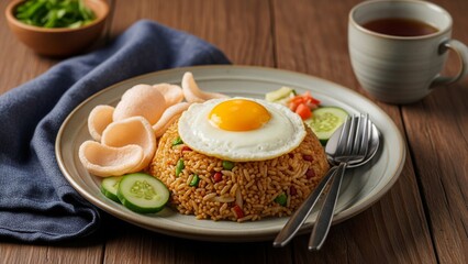 Nasi goreng- Indonesian fried rice with fried egg, chili, shrimp, kerupuk crackers in plate on wooden background. 
