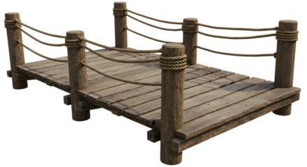 Rustic wooden bridge with rope detailing, perfect for scenic landscapes or travel themes