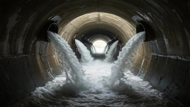 Water gushing from drainage pipes in a concrete tunnel, creating strong currents and splashes