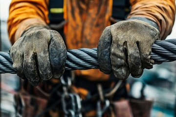 Obraz premium Worker hands in protective gloves holding steel cable symbolizing strength, construction, safety, industry, and hard labor