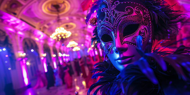 Mysterious masked person at a vibrant masquerade ball with colorful lights
