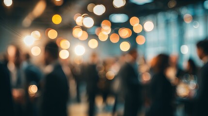 Blurred motion shot of business people networking at office party with warm bokeh lighting and soft focus background creating a friendly social atmosphere and professional corporate event ambience