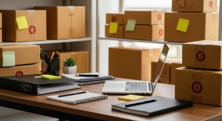 An organized home office desk of an online seller with a laptop surrounded by cardboard boxes for shipping