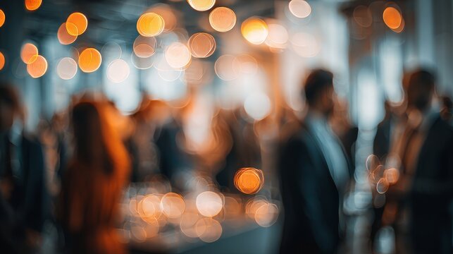 Blurred motion shot of business people networking at office party with warm bokeh lighting and soft focus background creating a friendly social atmosphere and professional corporate event ambience