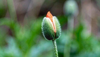 A close-up of a vibrant orange poppy bud beginning to open.