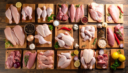 Fototapeta premium Raw Chicken Breast, Drumsticks, Wings and Fillets, Rustic Kitchen Top View