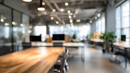 Abstract blurred office interior background with modern working space, defocused corporate room design for business backdrop, professional workplace environment, and contemporary office concept