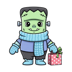 Cute Cartoon Character Inspired by Frankenstein Holding a Festive Gift and Wearing Winter Attire