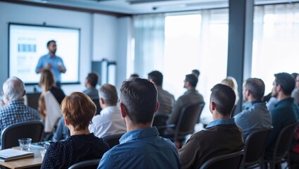 Fototapeta premium Presenter Presenting on Stage at Conference Meeting. Professional Lecture. Blurred De-focused Unidentifiable Presenter and Audience. Corporate Executive Manager Speaker. People Attendees