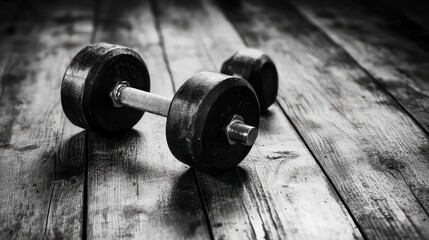 Classic Dumbbell on Wood Grain Strength Training in Monochrome