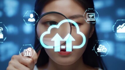 Young Asian woman examining cloud computing with digital icons and magnifying glass, representing data analysis and technology concepts - Powered by Adobe