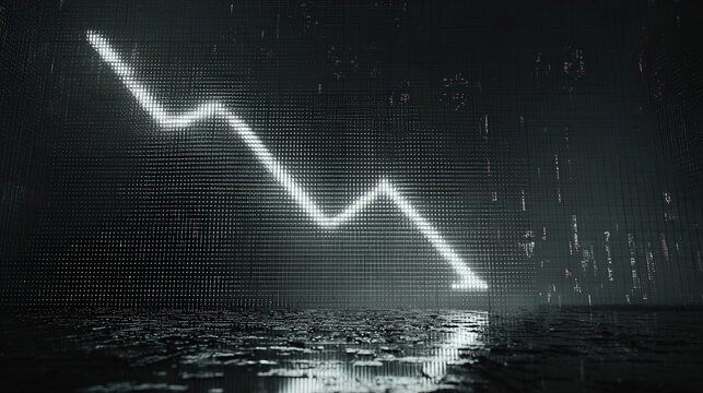 abstract wave of numbers turning into falling arrow silhouette in fog data uncertainty theme illustration concept scene visual for commercial design use high detail quality stock image illustration - Powered by Adobe