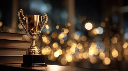 Golden trophy cup symbolizing academic achievement and success in education awards, celebrating university graduation, student excellence, and scholarly recognition against a festive bokeh background