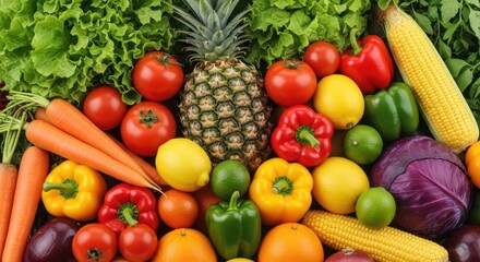 A vibrant collection of assorted fresh fruits and vegetables, showcasing a diverse and colorful display of healthy produce