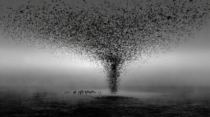 abstract wave of numbers turning into falling arrow silhouette in fog data uncertainty theme illustration concept scene visual for commercial design use high detail quality stock image illustration