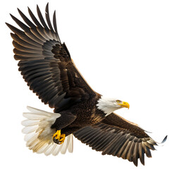 Obraz premium Majestic bald eagle soars gracefully against a pristine white backdrop with its wings fully extended