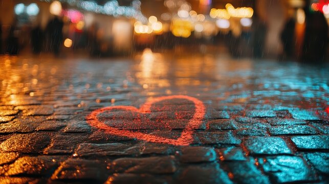 Heart Shape on Wet Cobblestones in Rainy Night Urban Setting