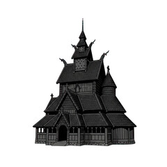 Obraz premium Ornate Nordic Wooden Architecture with Multiple Spires and Intricate Roof Designs