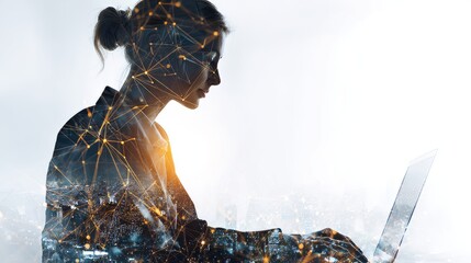 Business and technology concept with big data and internet network connection, double exposure of professional businesswoman working on laptop computer with smart digital interface and global communic