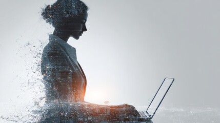 Business and technology concept with big data and internet network connection, double exposure of professional businesswoman working on laptop computer with smart digital interface and global communic
