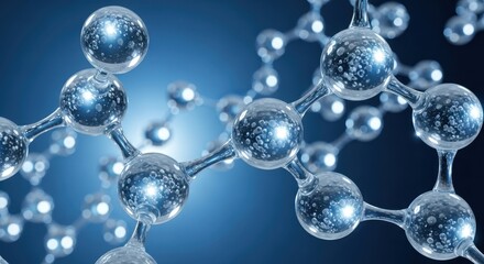 Abstract scientific illustration of a molecular structure with glowing blue spheres and connecting bonds