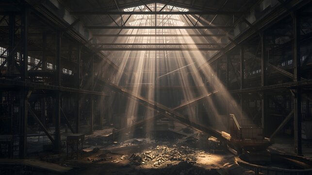 Abandoned industrial warehouse interior with dramatic sunlight beams breaking through the roof, creating a cinematic atmosphere of decay, mystery, and urban exploration environment