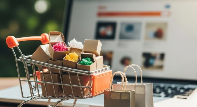 Online shopping concept with a miniature cart full of boxes and bags, illustrating e-commerce convenience