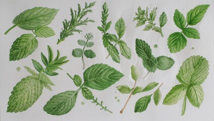 Watercolor botanical study of assorted fresh green herbs