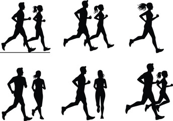 Silhouette of young couple jogging together, running fitness, healthy lifestyle, outdoor exercise, workout partners, athletic training, cardio workout, active lifestyle.