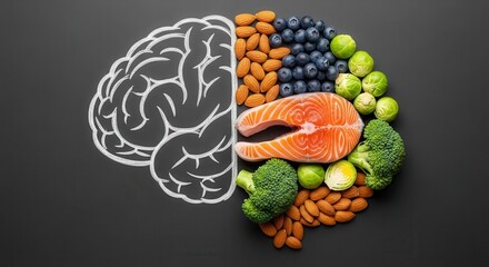 Conceptual image of brain-boosting foods like salmon, nuts, and vegetables forming half a human brain