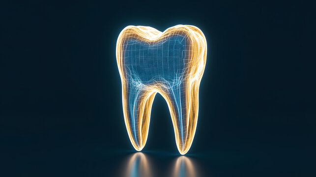 ooth X-ray glowing in blue and white, 3D minimal medical illustration, futuristic dental hologram