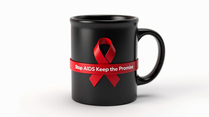 A black mug adorned with a red ribbon, symbolizing the fight against aids and the importance of keeping the promise to end the epidemic, isolated on white background