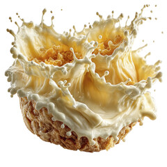 Creamy liquid splash eruption over textured baked goods with cereal inclusions