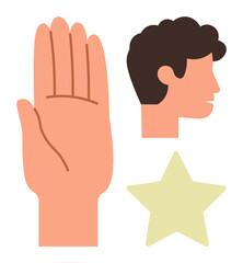 Open palm, human side profile, and star icon combined to signify greeting, individuality, or symbolic approval. Ideal for communication, human interaction, teamwork, recognition identity feedback