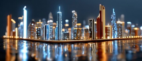 Cityscape of Innovation: Illuminated skyscrapers reach towards the night sky, embodying progress, technological advancement, and the dynamic pulse of urban life. Reflected in a futuristic display.