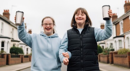 Two cheerful young women with Down syndrome walk arm-in-arm down an urban street, raising their travel mugs