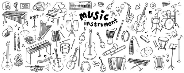 Set of musical instruments. Collection of musical equipment such as strings, percussions, keyboard, brass. Vector illustration isolated on white background.